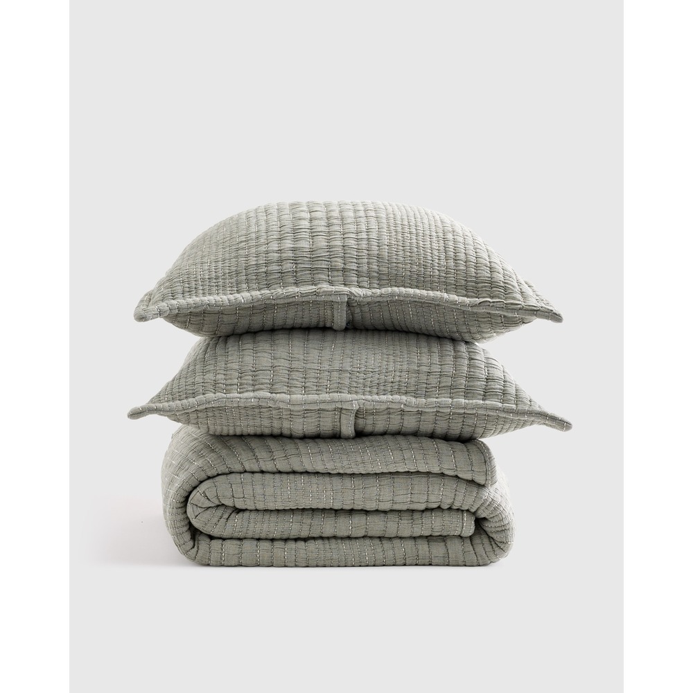 Quince Organic Cotton Channel Stitch Coverlet King Cal King Green Bedding Quilt